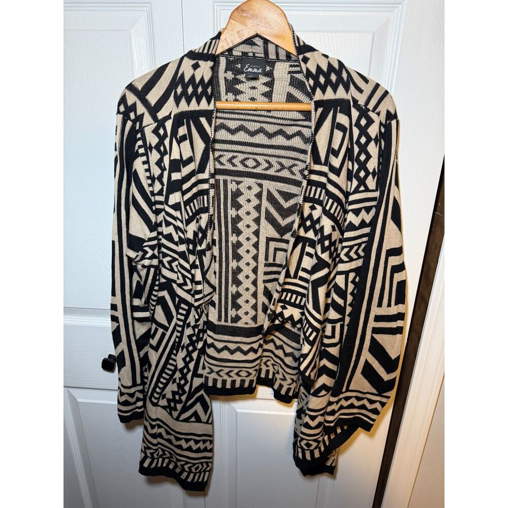 Simply Emma Tribal Aztec Open Front Cardigan Beige Black Plus Size 1X